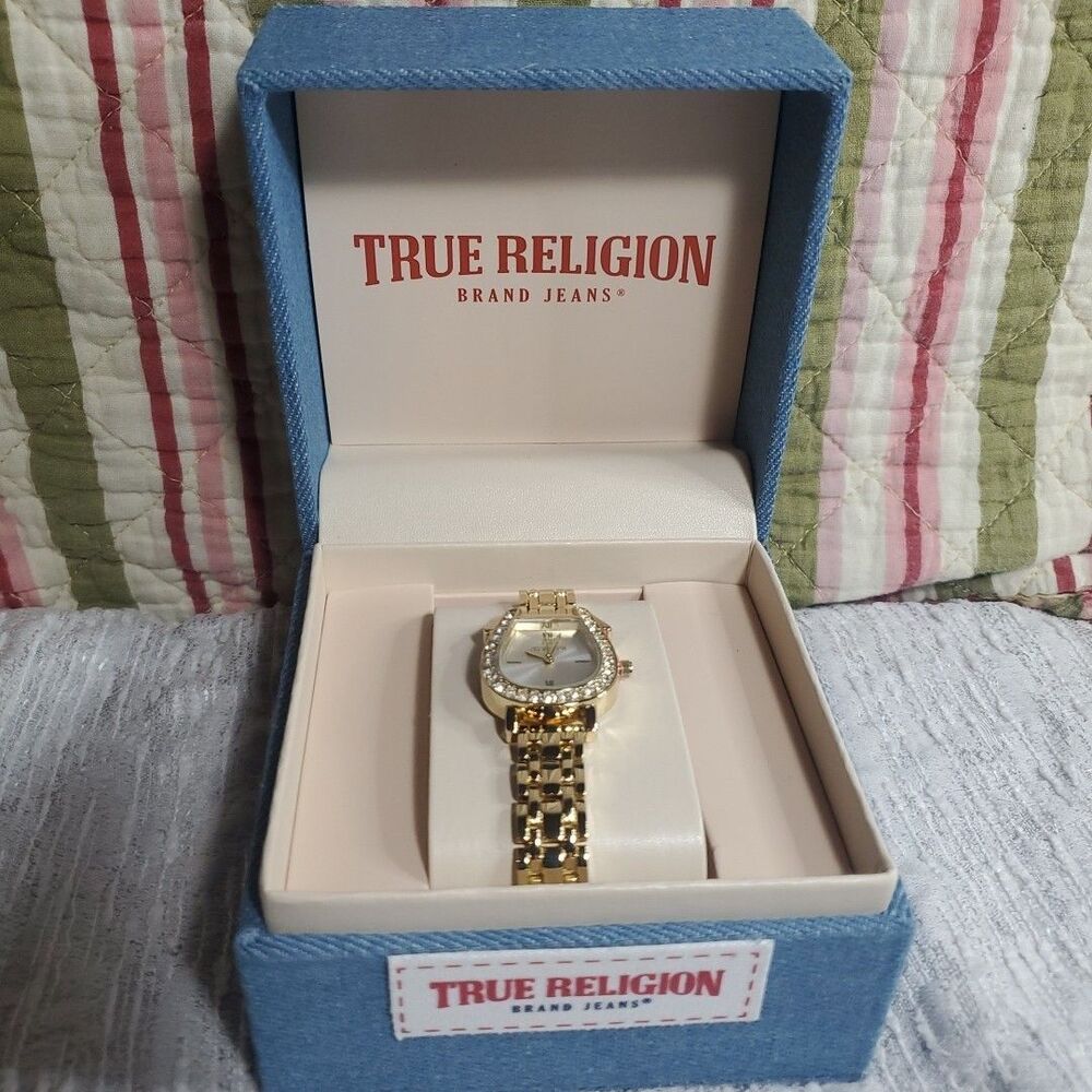 True Religion Horseshoe Watch Womens Gold Crystal Bezel Denim Box New Luxury